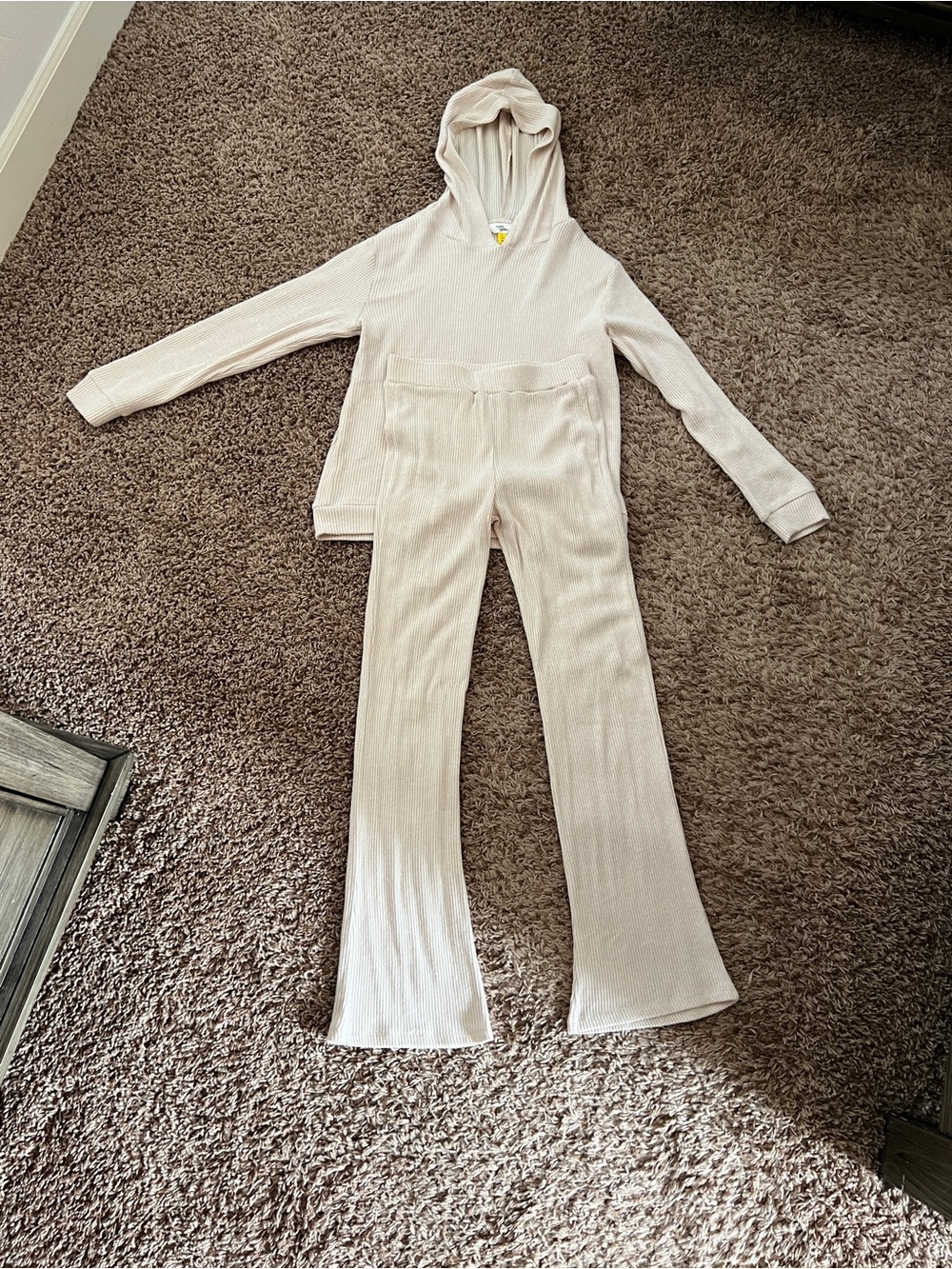 Kids Ribbed Hooded Top & Flared Pants Set - Cream